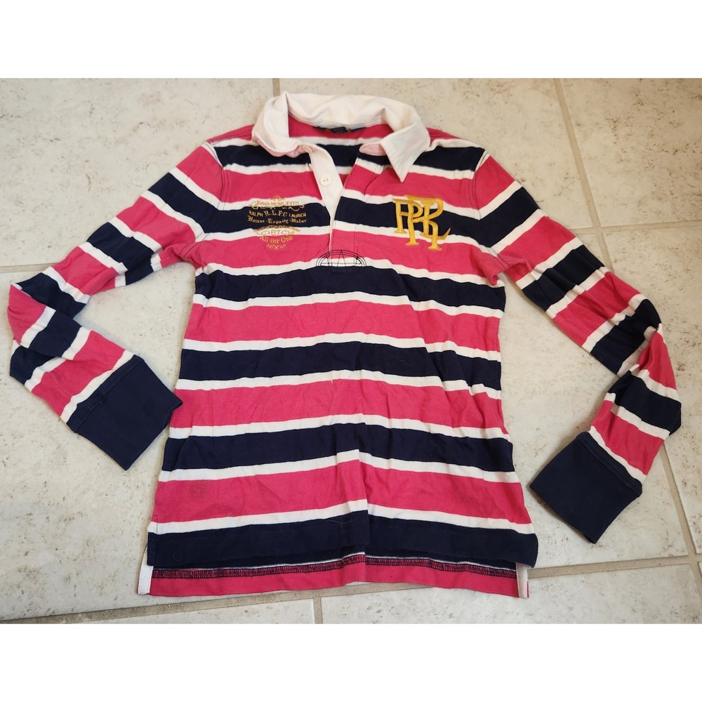 Polo Ralph Lauren Girls M 8-10 Rugby Shirt Pink Navy Blue Striped Long Sleeve